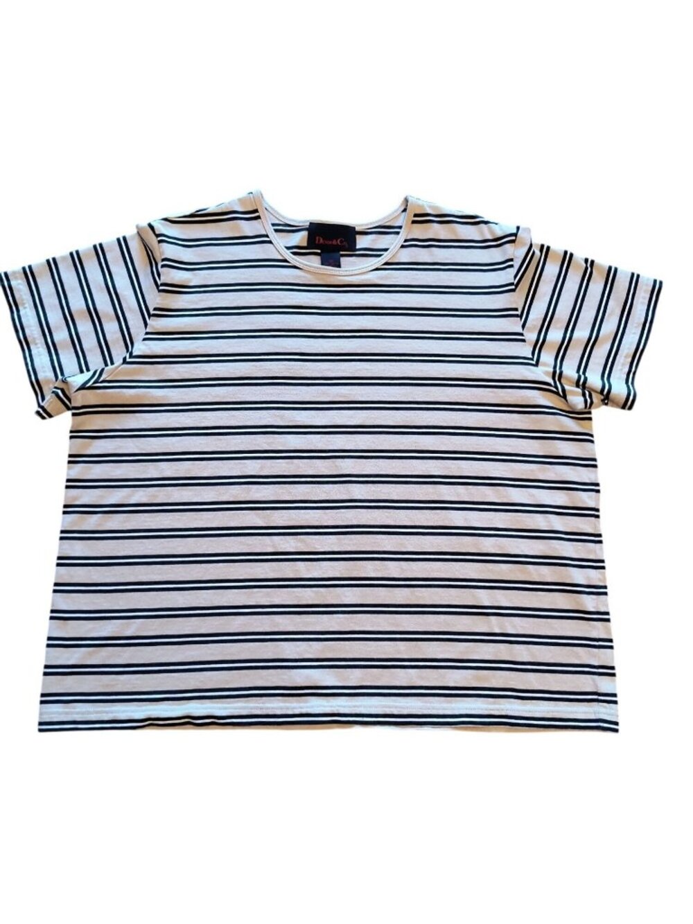 Denim & Co Short Sleeve Tan Black White Stripe Top 2X Cotton Casual Everyday